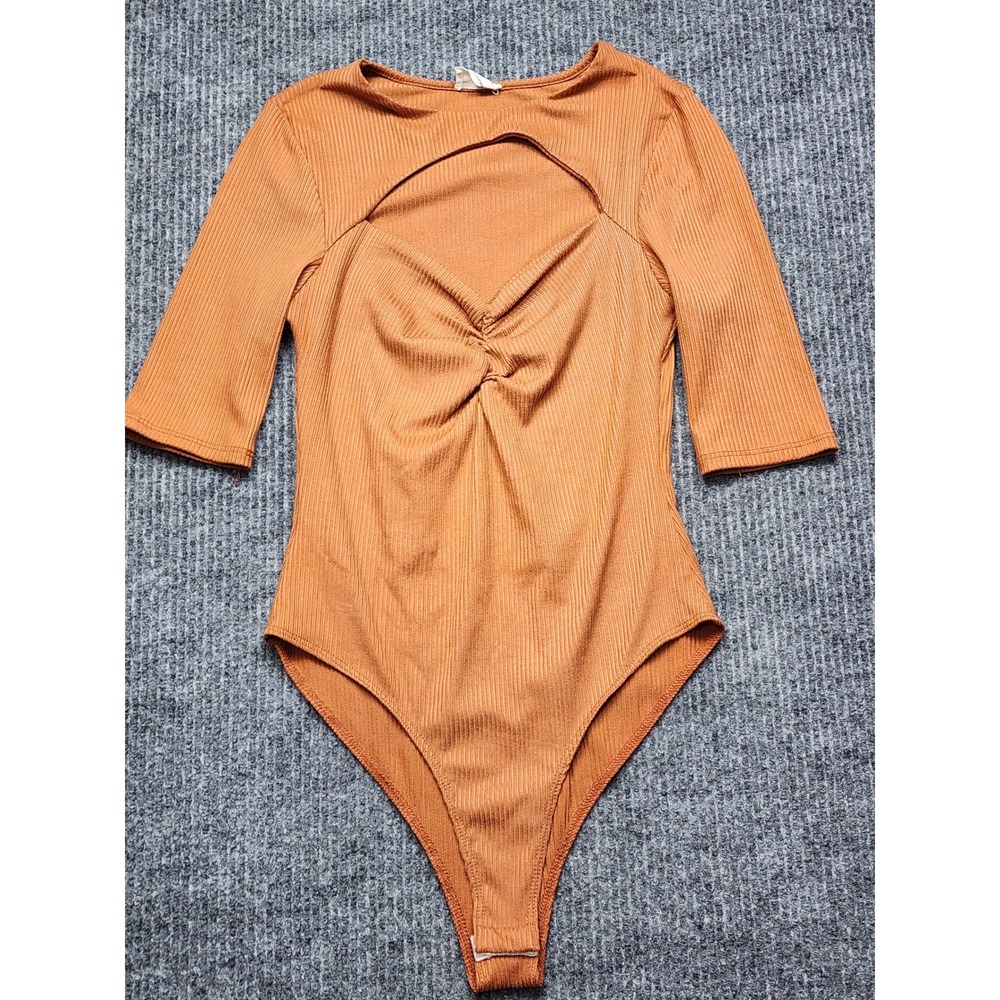 Peach Love California Rust Ribbed Twist Front Cutout Bodysuit Size Large